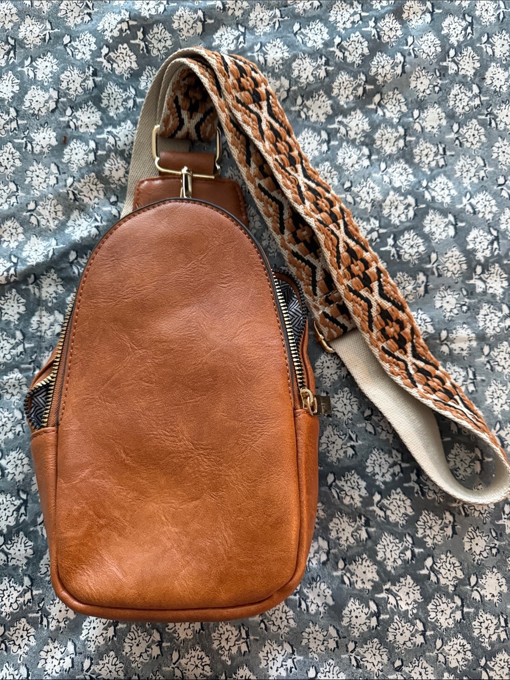 Leather Crossbody Sling Bag with Patterned Strap - Brown